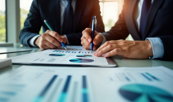Conseillers en stratégie analysant des graphiques financiers pour optimiser la création de valeur en entreprise
